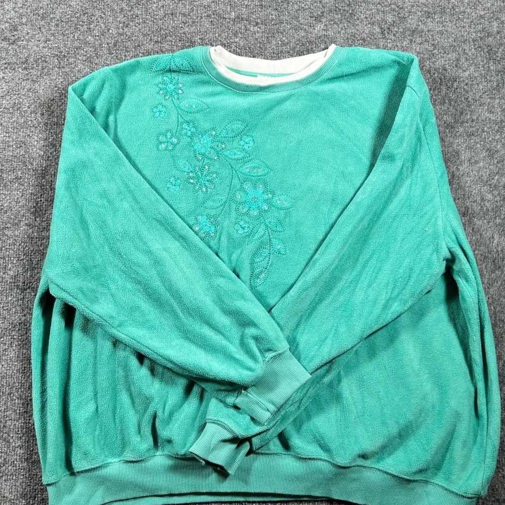 Alfred Dunner Sweatshirt Womens Size 2X Teal Fleece Floral Embroidered Sequin LS